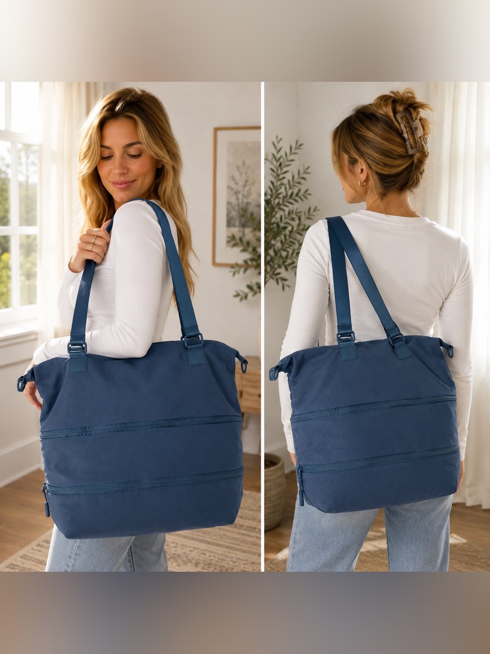 Expandable Travel Tote Bag with Shoe Compartment | Blue Weekender | Carry-On